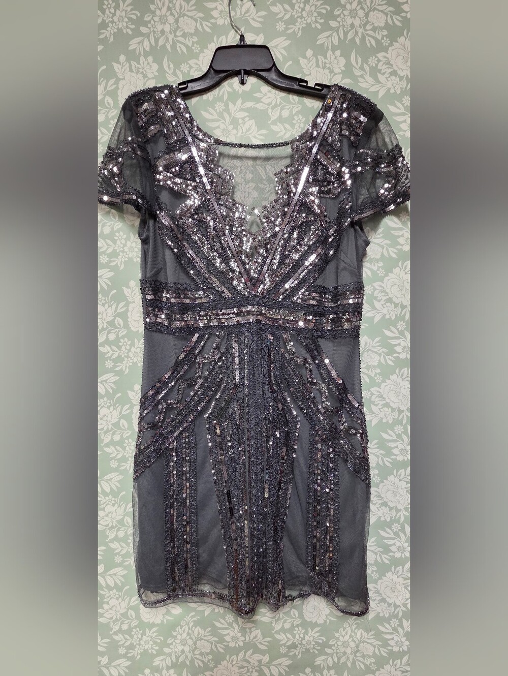 1920s Inspired Art Deco Sequin Cocktail And Flapper Dress Dark Charcoal